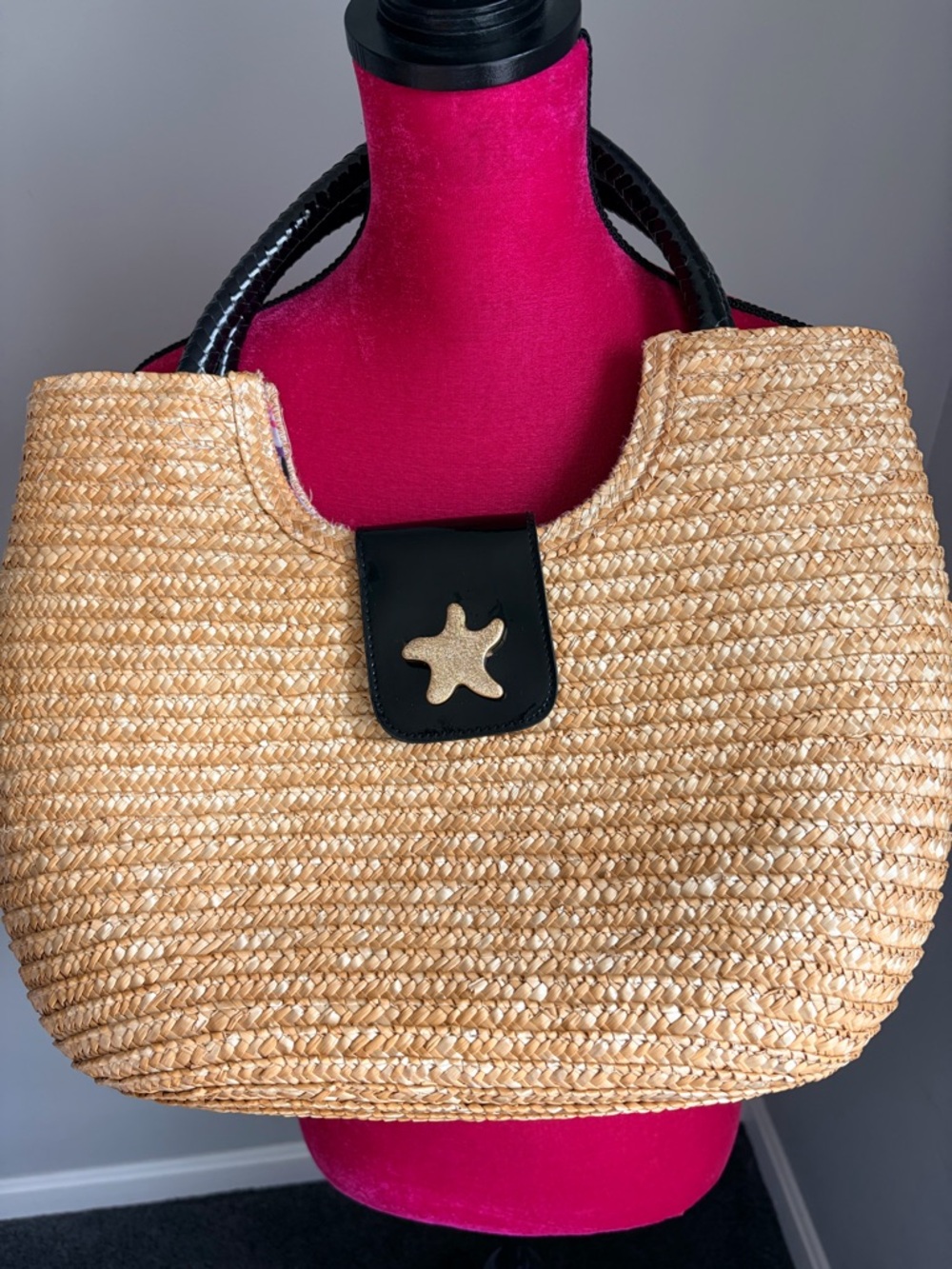 Straw Woven Tote Bag with Black Trim and Starfish Accent - Natural